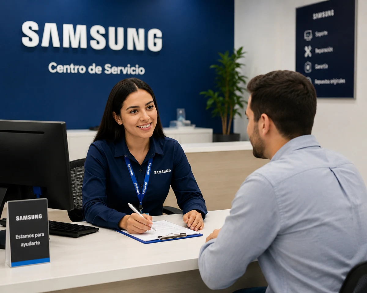 Equipo de servicio al cliente Samsung Costa Rica respondiendo consultas técnicas por teléfono y chat en vivo