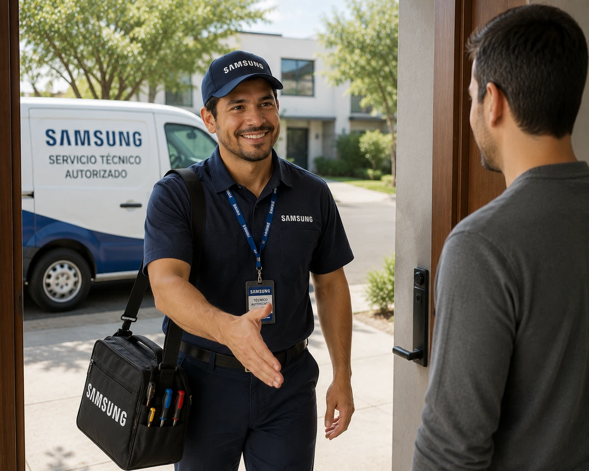 Ingeniero calificado de Samsung llegando al domicilio de un cliente en Costa Rica con herramientas de diagnóstico digital y repuestos legítimos