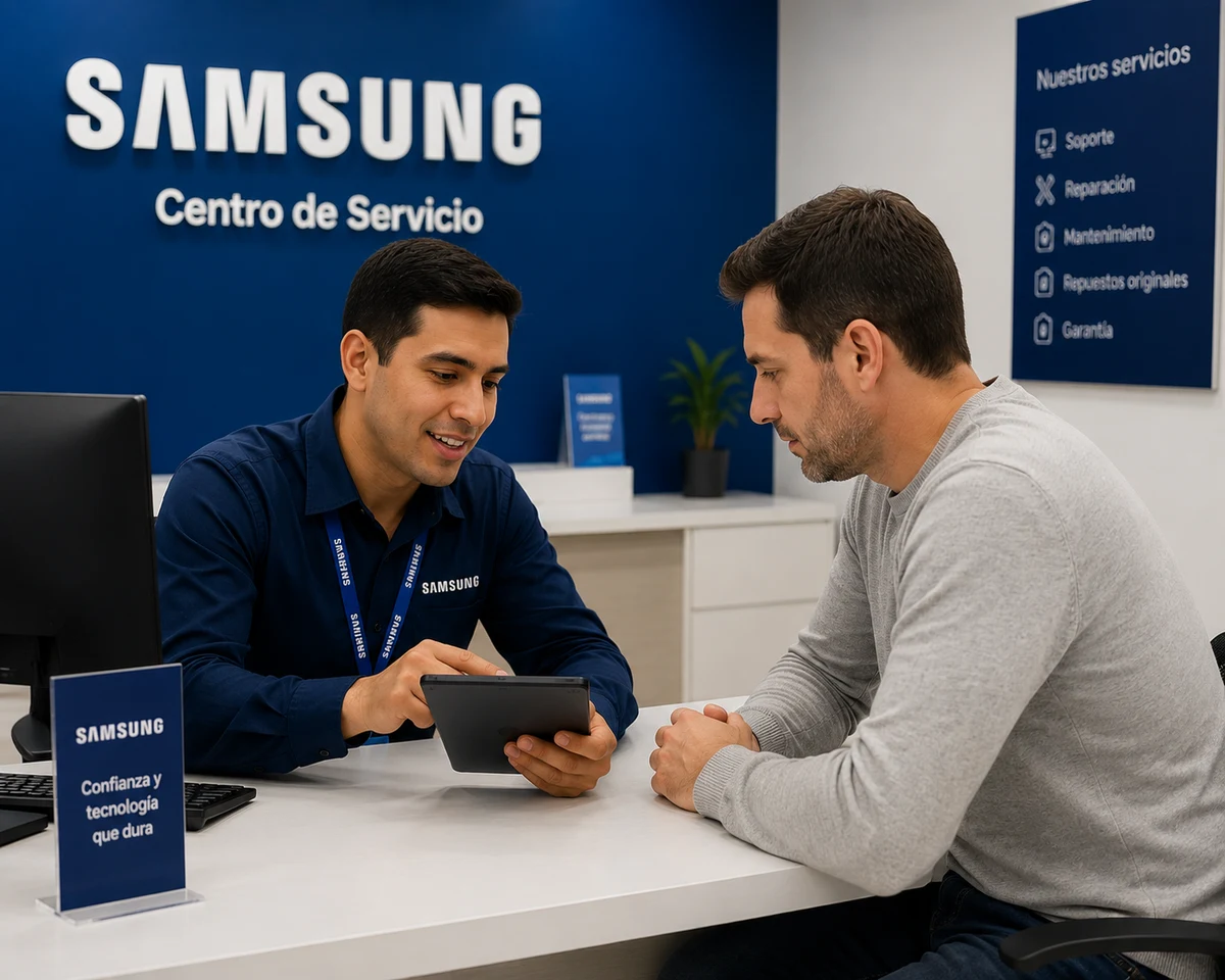 Ingenieros de servicio técnico autorizado Samsung revisando planos y esquemáticos en el centro de soporte oficial