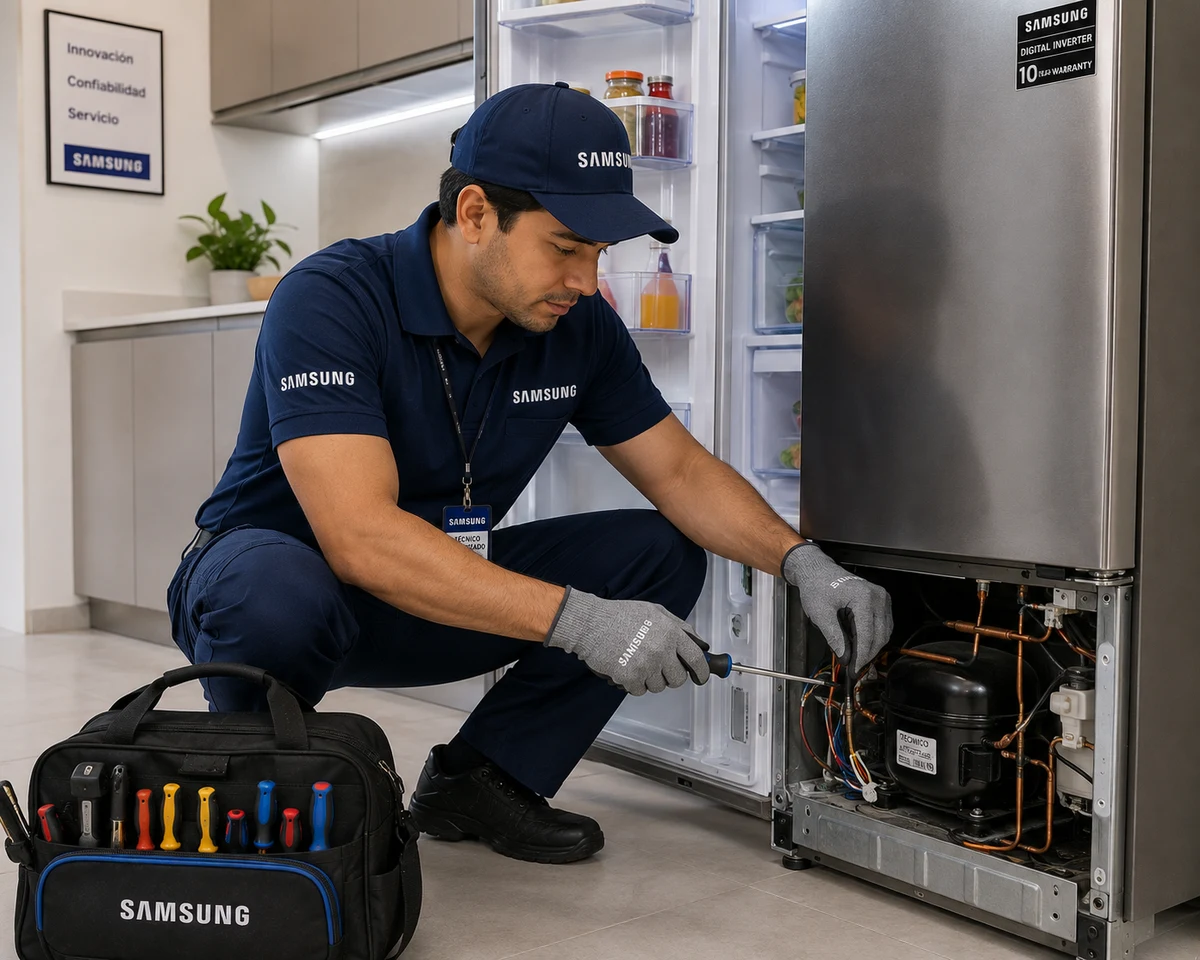 Técnicos oficiales Samsung aplicando recubrimientos dieléctricos protectores sobre las tarjetas electrónicas Inverter de un equipo doméstico en Costa Rica